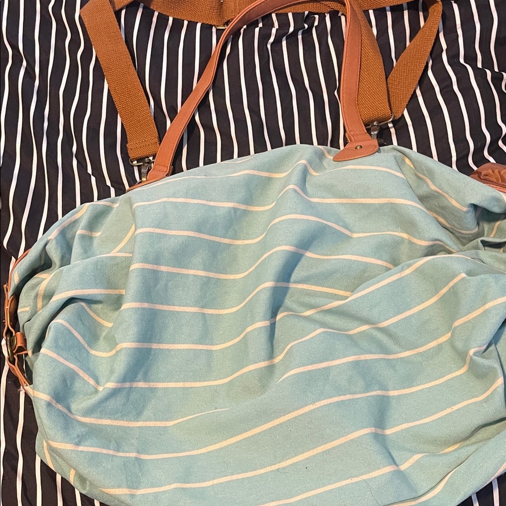 Mossimo Supply Co. Light Blue and White Striped Canvas Tote with Brown Handles
